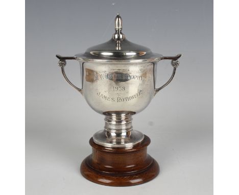 A George VI silver trophy cup and domed cover with ovoid finial above a squat circular body with gently flared rim, inscripti