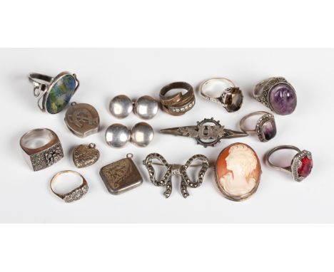 A group of mostly silver jewellery, comprising a Blue John and marcasite ring, ring size approx J1/2, an amethyst cameo ring,