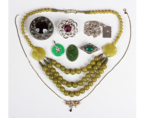 A group of mostly costume jewellery, including a silver and dyed green chalcedony brooch of lozenge openwork foliate form, de