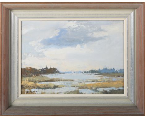 Edward Wesson - Estuary Landscape, possibly Chichester Harbour, 20th century oil on board, signed, 19cm x 25cm, within a pain