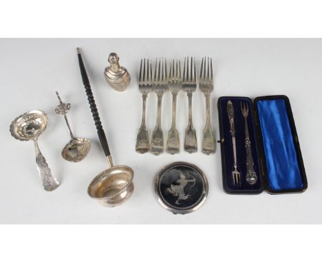 A small group of silver, including a silver punch ladle, Birmingham 1990, pepper caster, Birmingham 1897, two Continental spo