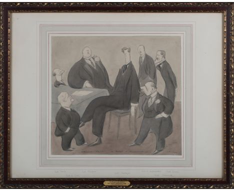 Max Beerbohm - 'The Budget in the Balance', pen with ink and wash over pencil, signed, titled and dated 1909 recto, labels ve