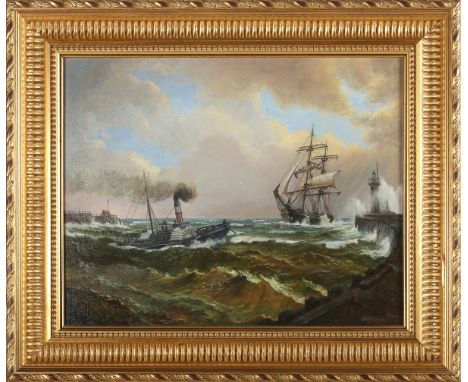 Stanley Francis Smitheman - 'A Brig being pulled into Harbour by the Tug Monarch in Heavy Weather', 20th century oil on canva