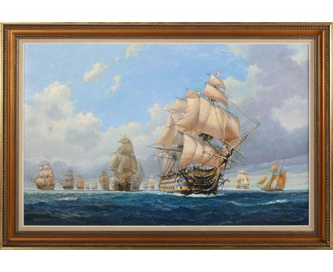 Stanley Francis Smitheman - 'H.M.S. Victory leading the line at Trafalgar 21st October 1805 No 2', 20th century oil on canvas