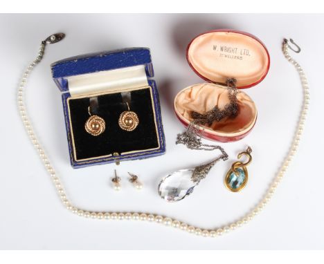 A pair of 9ct gold earrings in an entwined cable design, diameter 1.5cm, a pair of gold mounted imitation pearl earstuds with