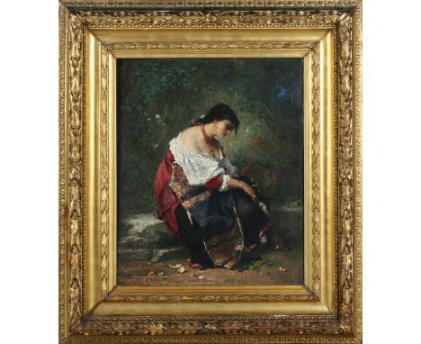 A.B., Italian School - Portrait of a Young Girl seated on a Step holding a Tambourine, 19th century oil on canvas, signed wit