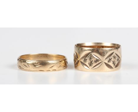 A 9ct gold wide band wedding ring with engraved decoration, London 1973, and another 9ct gold wedding ring with engraved deco