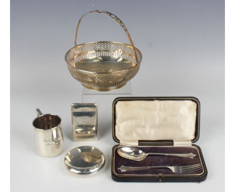 A small group of silver, comprising George V circular tobacco box, Birmingham 1911, diameter 7.6cm, rectangular card case, Lo
