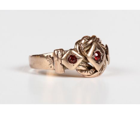 A 9ct gold and garnet three stone ring in a woven knot design, Birmingham 1925, weight 3.1g, ring size approx K1/2.Buyer’s Pr