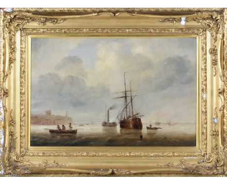 Circle of George Chambers - Paddle Steamer and Sailing Vessels off a Coastal Headland, probably Whitby, 19th century oil on c