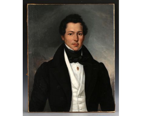 British School - Half Length Portrait of a Gentleman wearing a Black Jacket, White Waistcoat, Black Stock and a Bejewelled Br
