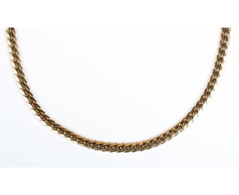 A gold necklace in a curved curblink design, on a sprung hook shaped clasp, detailed '750', weight 45.5g, length 45.5cm.Buyer