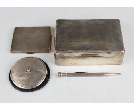 A George V silver rectangular cigarette box with engine turned decoration, Birmingham 1933, length 13.3cm, together with a si