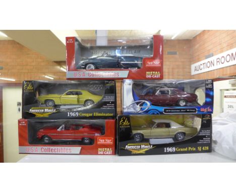 Five 1/18th scale model vehicles; two Sun Star, two Elite American Muscle and one Maisto