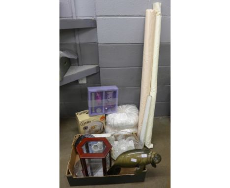 Assorted items; a glass display cabinet, decorative items, tea-ware and rolls of fabric**PLEASE NOTE THIS LOT IS NOT ELIGIBLE