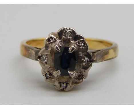 An 18ct gold, diamond and sapphire ring, 2.5g, I, marked 18c 