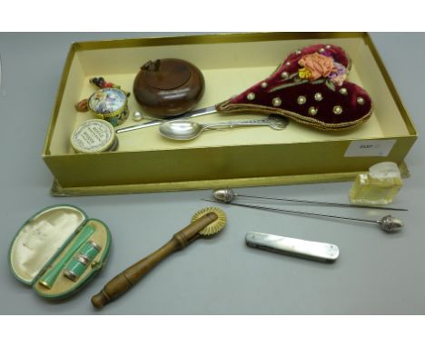 A Lalique perfume, a silver spoon, Caithness letter opener, cased cigarette holder and lighter, snuff box, etc. 
