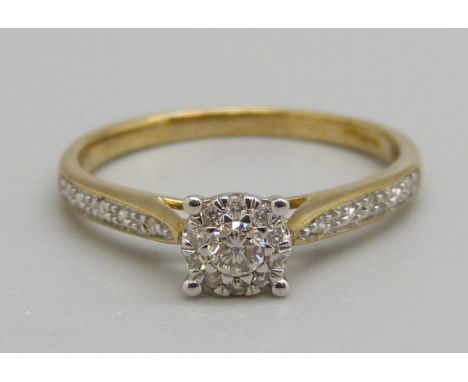 A 9ct gold, diamond cluster ring with diamond shoulders, 1.6g, M 