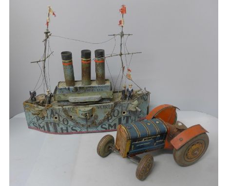 An early 20th century hand-built model dreadnought battleship (length 38cm) made from 1920s Smiths Potato Crisps tins with Br