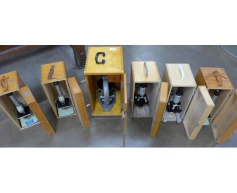 Six microscopes; two Philip Harris, one Russian and three Harding Scientific Instruments 