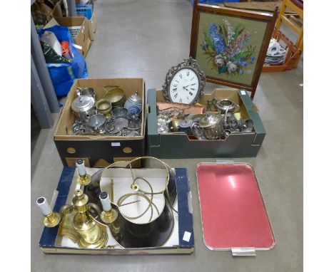 Three boxes of metal wares, brass table lamp and a tapestry fire screen **PLEASE NOTE THIS LOT IS NOT ELIGIBLE FOR POSTING AN