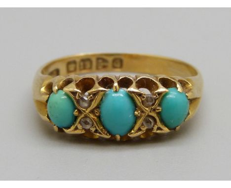 A late Victorian 18ct gold, turquoise and diamond ring, Chester 1899, 3.3g, K/L 