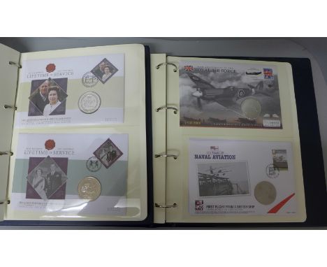 An album with 100 Years of Naval Aviation coin cover collection, with certificate, eight covers four with £5 coins and four w