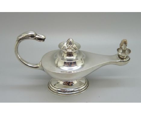 A silver oil lamp table lighter, Birmingham 1901, S. Blanckensee &amp; Son Ltd., all four parts marked, 15cm long 