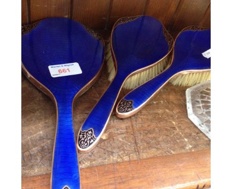 BLUE ENAMEL BRUSH AND MIRROR SET