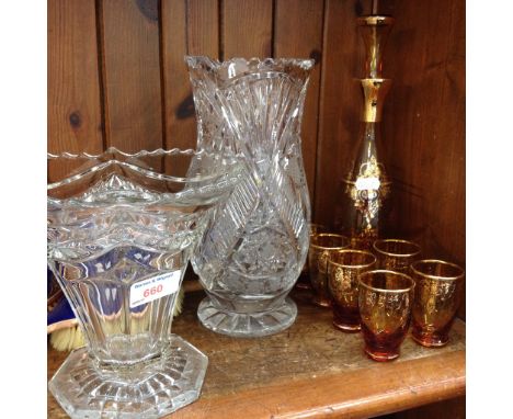 TWO GLASS VASES AND GILT DECANTER SET