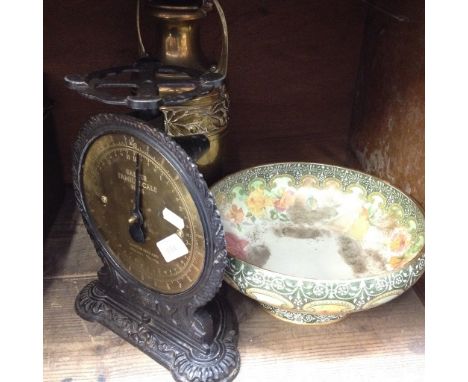 SCALES, BRASS VASE AND PORCELAIN BOWL