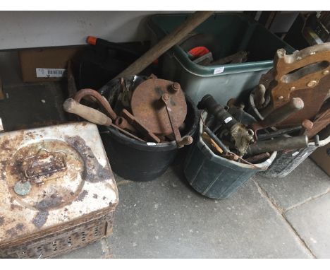 3 BUCKETS OF TOOLS, BOX OF TOOLS, VICE, TIN OF NAILS