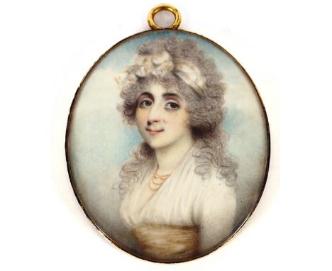 An oval portrait miniature, depicting a young woman with white ribbon in her hair, wearing coral beads, contained in a yellow