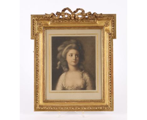 A 19th Century French Mezzotint, depicting a head and shoulder portrait of a fashionable lady, in gilt and plaster decorated 