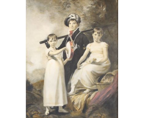 19th Century school, portrait study of three young children with picnic hamper in a wooded glade, unsigned watercolour, 50cm 