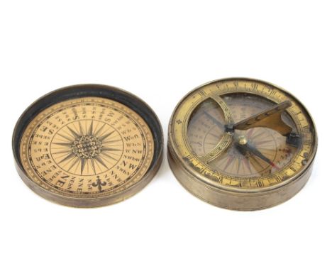 A circular brass travelling compass, 9cm dia.