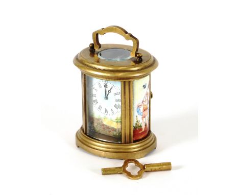 A miniature brass and enamel panelled carriage clock, of oval form, decorated with figures of children catching butterflies, 