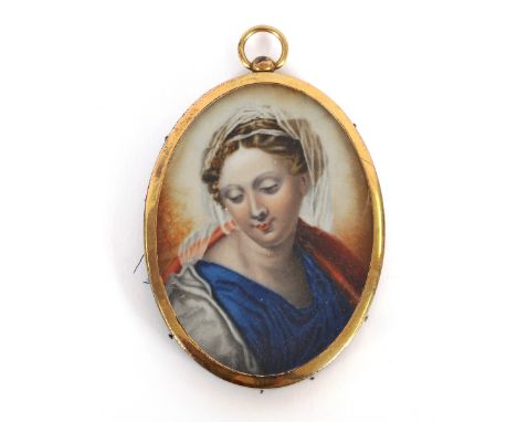 An Edwardian oval miniature portrait print, of a young lady, contained in a gilded brass floral embossed frame; a miniature p