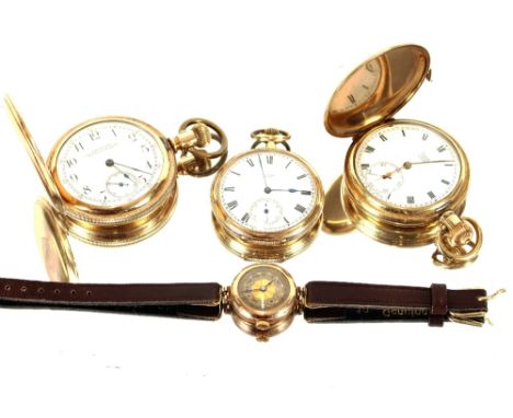 Two gold plated Hunter pocket watches; and an Elgin open faced pocket watch with engine turned decoration; and a ladies 9 car