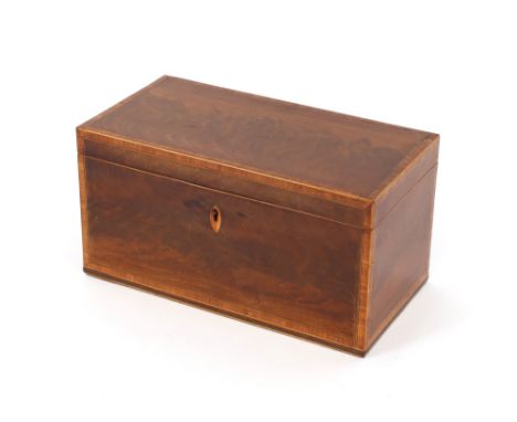 A Georgian mahogany and satinwood cross-banded three section tea caddy, 30cm wide