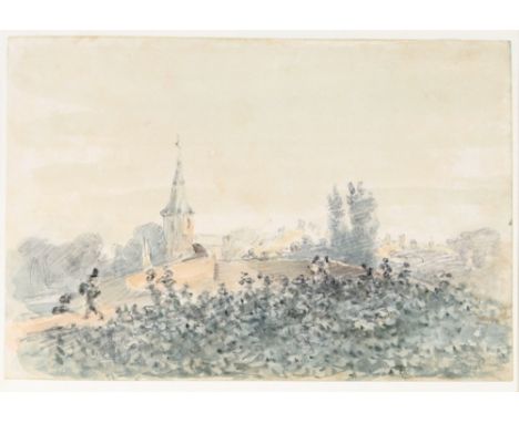 Attributed to John Constable, "Scene at Wansford Bridge", unsigned watercolour sketch, contained in a printed mount, inscribe