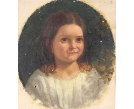 19th Century English school, portrait study of a young girl, oil on canvas, as an oval, 40cm x 36cm overall
