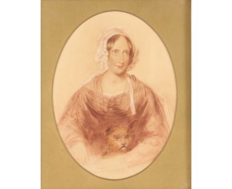 19th Century school, portrait study of a seated lady with terrier dog, mounted as an oval, unsigned watercolour, 20.5cm x 15c