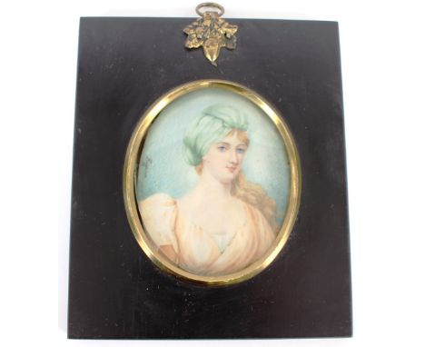A 19th Century oval portrait miniature, of a young lady with blue headdress, signed "Hoppner", contained in ebonised and bras