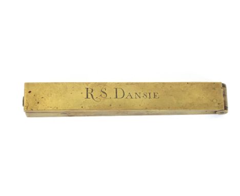 A set of 19th Century brass sovereign scales, inscribed "R.S. Dansie", 12.5cm long