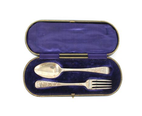 An Edward VII silver Christening set, comprising spoon and fork in fitted case, Sheffield 1908