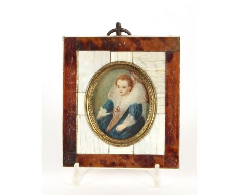 An oval portrait miniature, study of a young seated lady in Elizabethan costume, possibly Queen Elizabeth 1st, contained in a