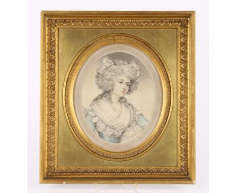 After Wilson, 19th Century coloured mezzotint, of a fashionable lady, mounted as an oval in decorative gilt frame