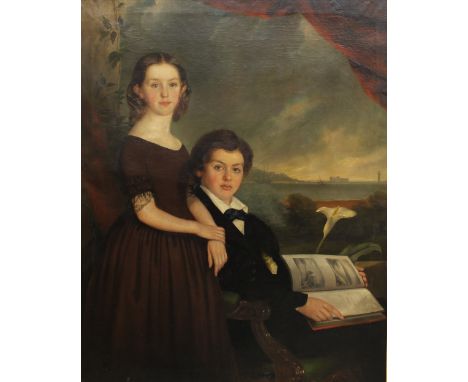 19th Century school, large family portrait study depicting brother and sister with coastal landscape behind, possibly New Bri