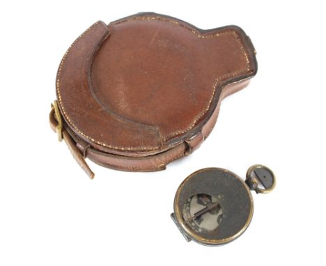 An early 20th Century brass cased military travelling compass, in fitted leather case; and a smaller pocket compass, (2)